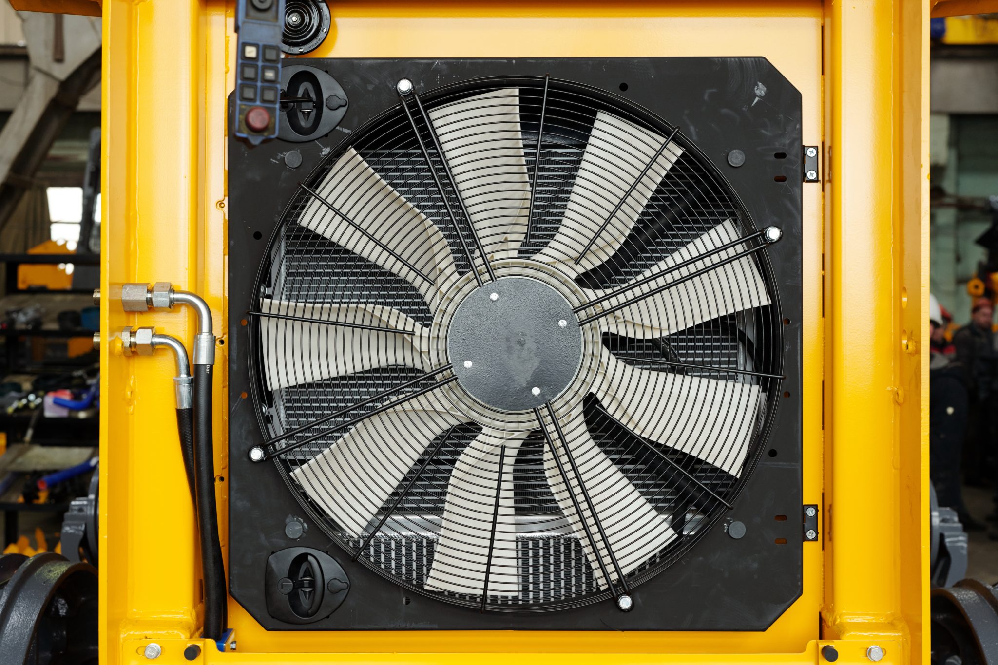 Close-up of part of huge industrial or construction machine with ventilation